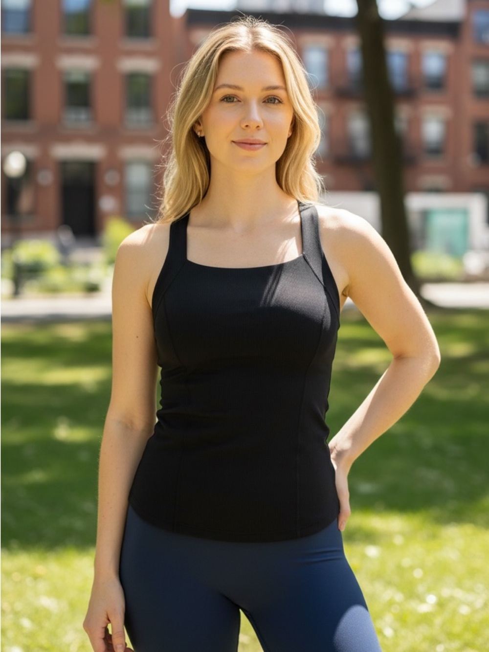 Lululemon Black Square-Neck, crossed back Performance Tank Top - Women